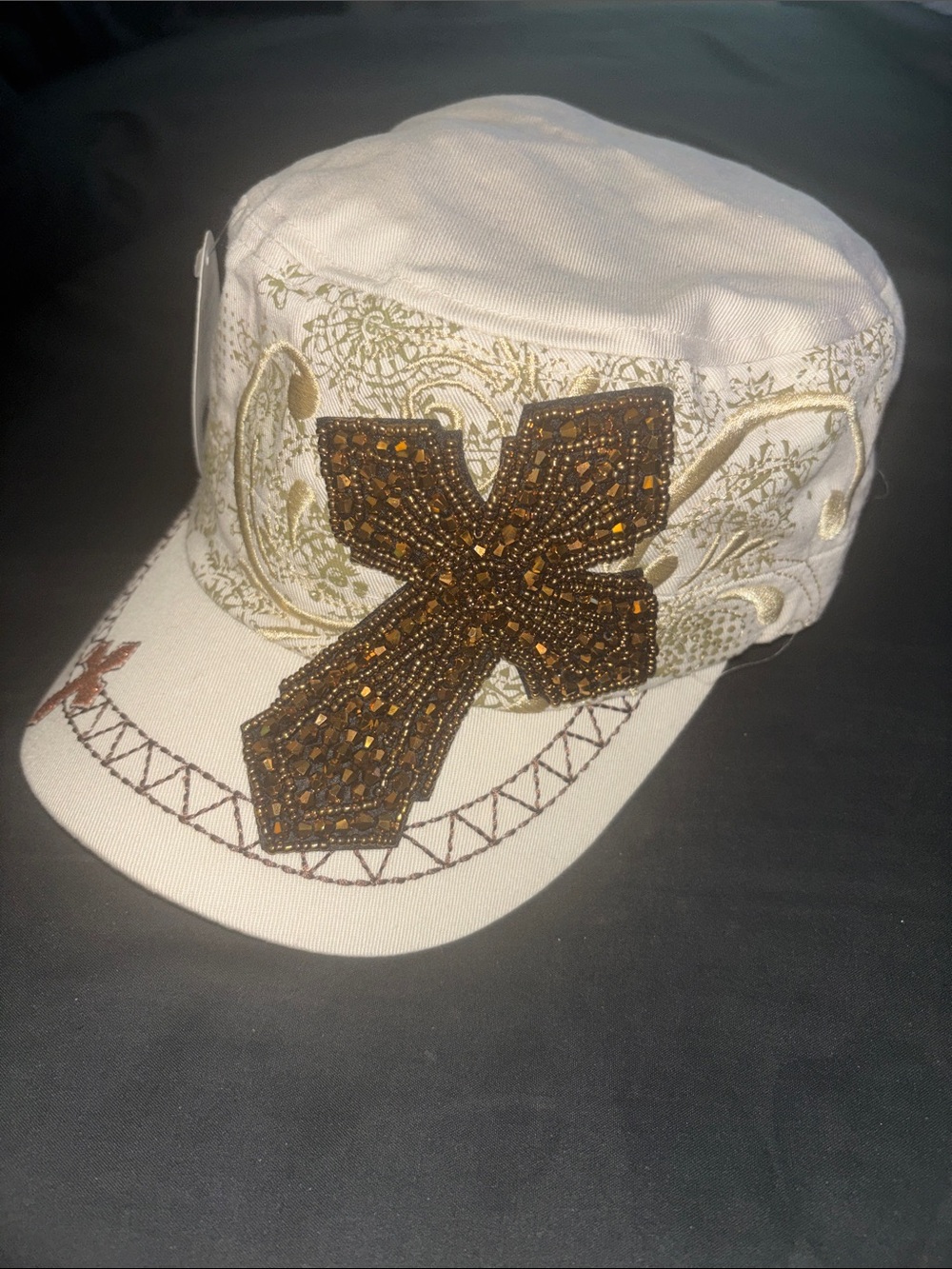 KBETHOS Off WhiteHat with Gold Embroidery and Brown Beaded Cross